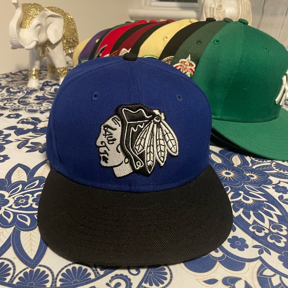 Blue and Black Blackhawks Fitted 7 1/4
